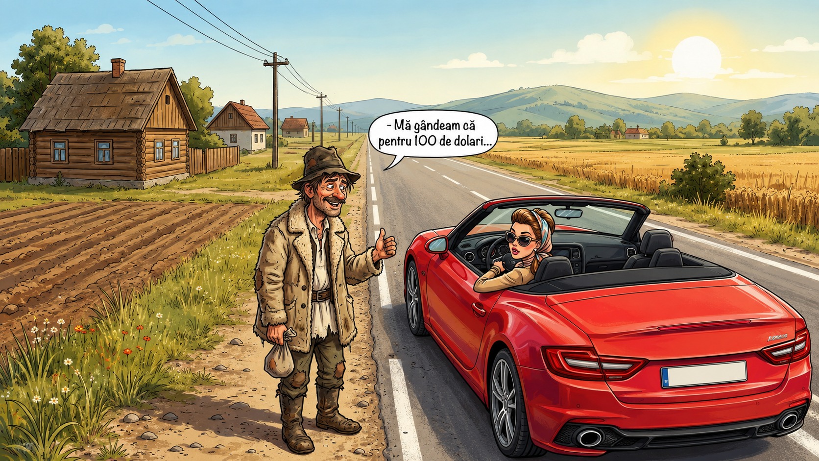 Badea Gheorghe, jerpelit, făcea autostopul pe marginea drumului.
