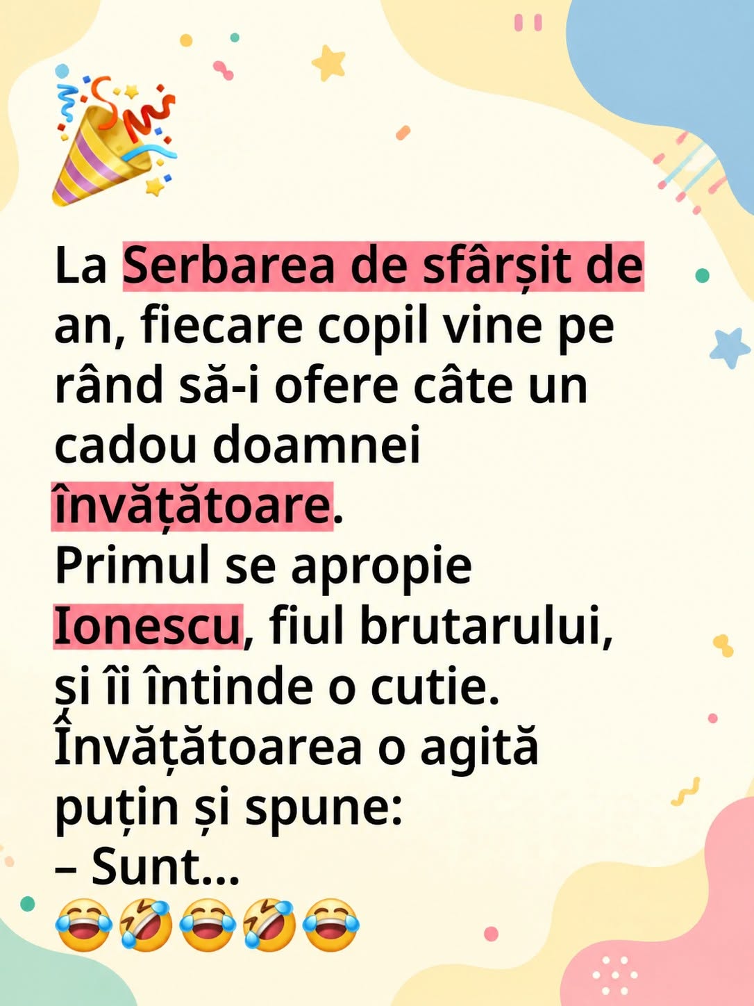 La serbarea de sfârșit de an, fiecare copil vine pe rând să-i ofere câte un cadou doamnei învățătoare.