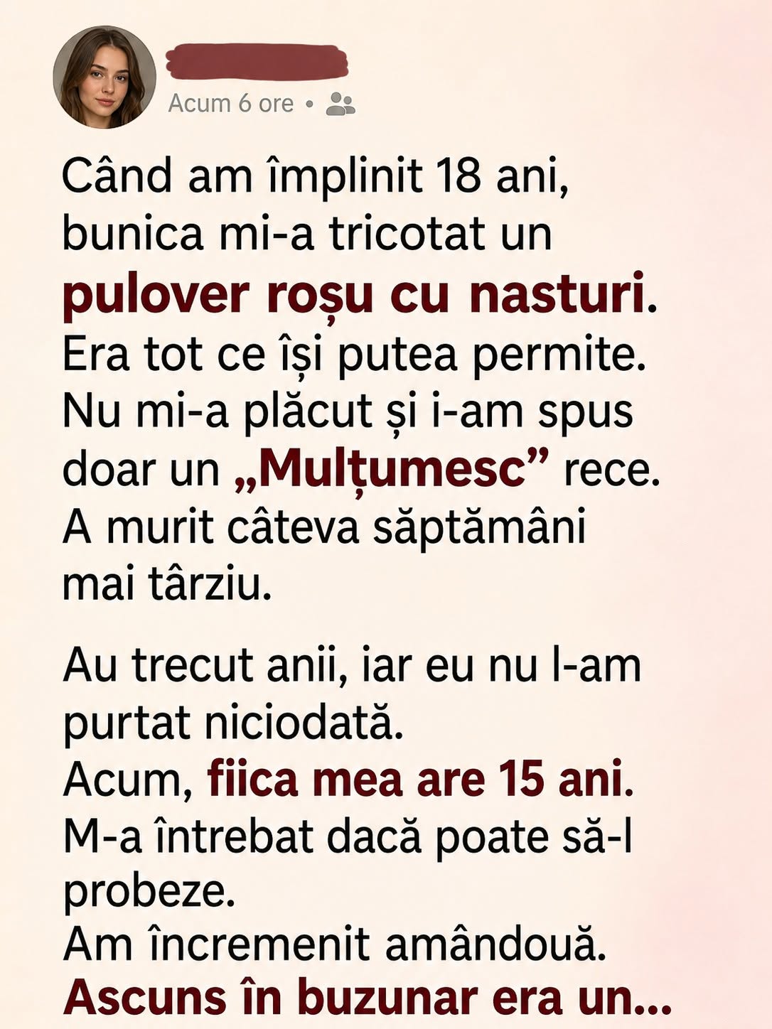 Nu am purtat niciodată puloverul bunicii. Când fiica mea l-a probat, am încremenit